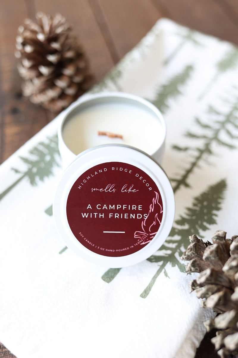 Hand-Poured Soy Candle - "A Campfire With Friends" Tin | cozy scented candle gift natural candle handmade wood wick autumn home