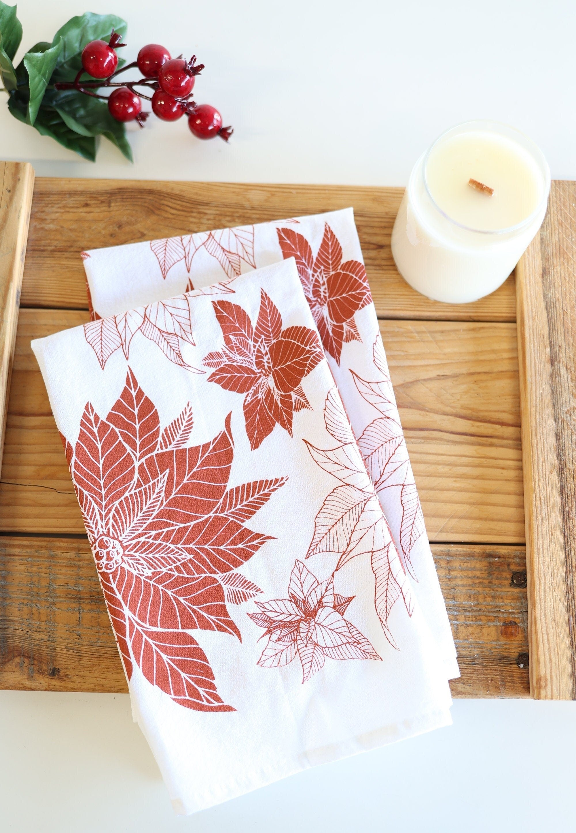 Poinsettia Tea Towel | poinsettia red holiday tea towel flour sack tea towel decor plant art holiday flower Christmas gift decor