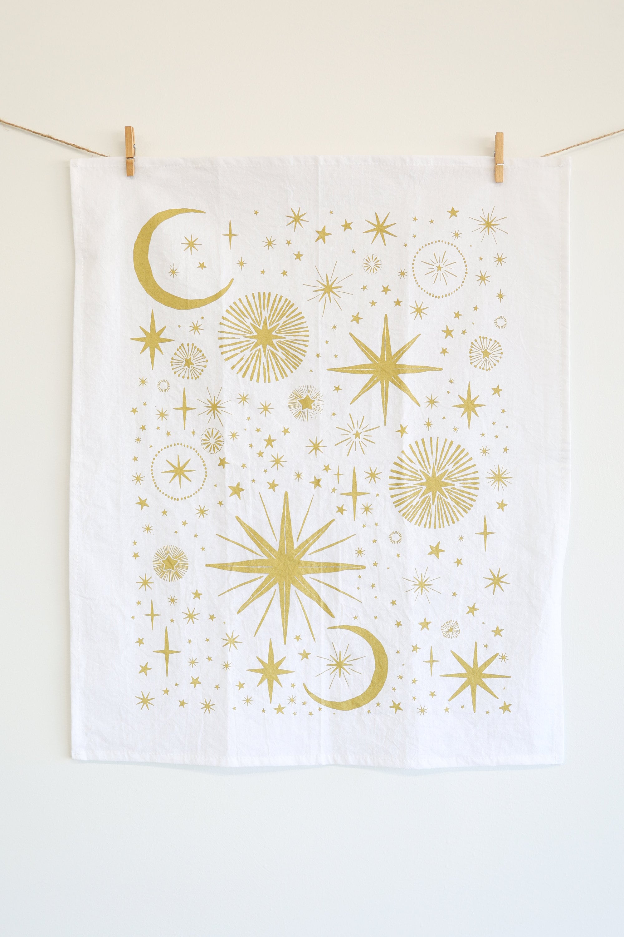 Starlight Tea Towel | star tea towel celestial sky gold stars flour sack tea towel star art kitchen star decor holiday stars