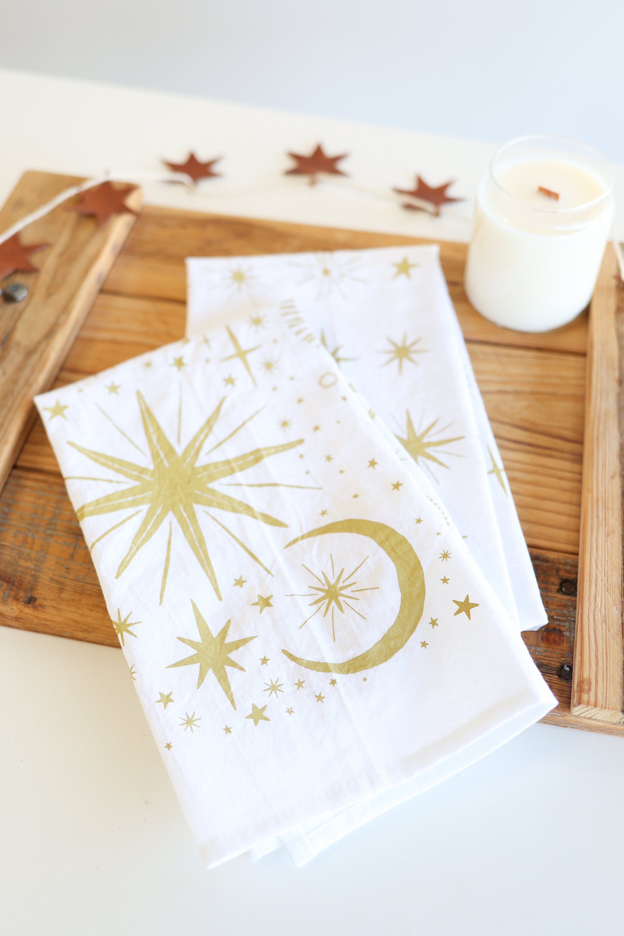 Starlight Tea Towel | star tea towel celestial sky gold stars flour sack tea towel star art kitchen star decor holiday stars