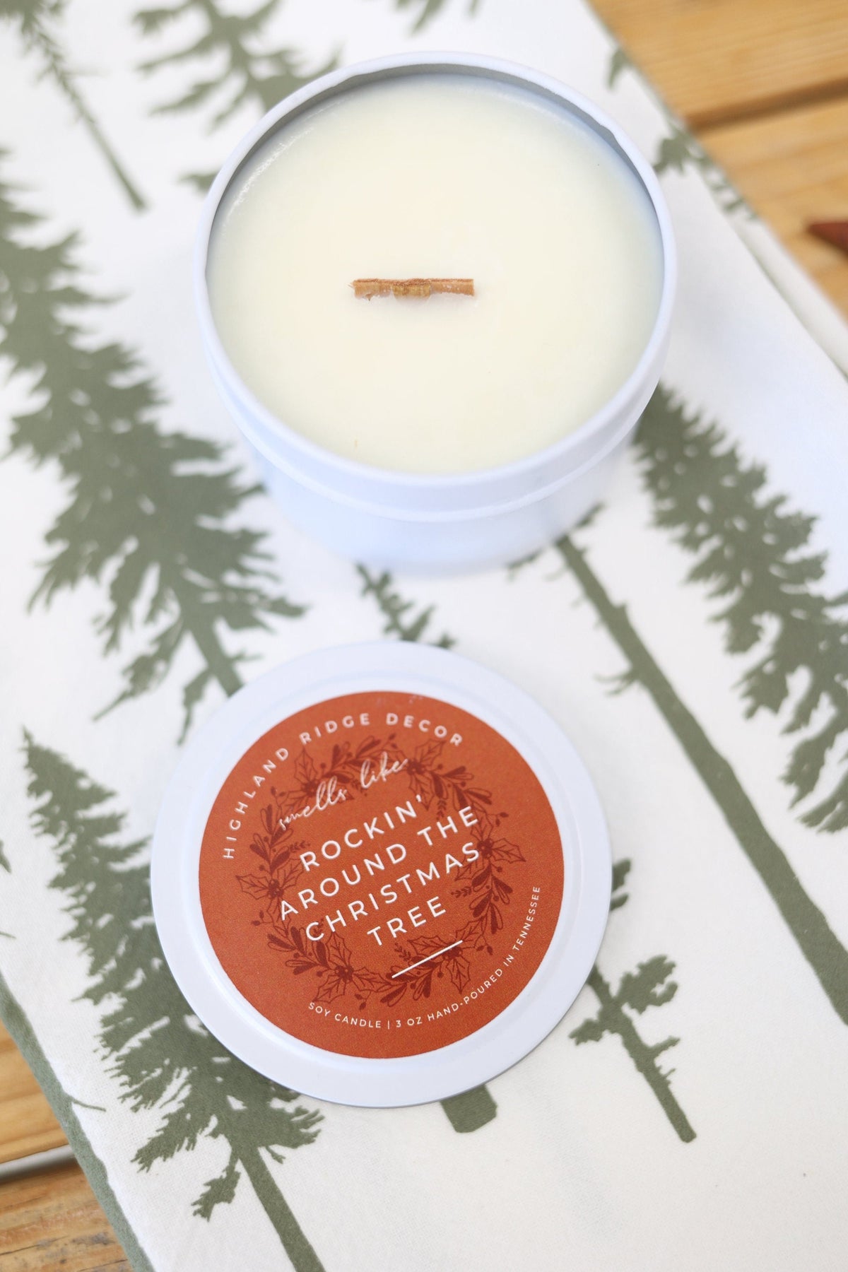 Hand-Poured Soy Candle - Orange Clove "Rockin' Around The Christmas Tree" Tin | cozy scented candle gift handmade holiday Christmas candle