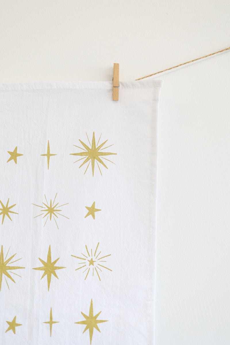 Starlight Pattern Tea Towel | star tea towel celestial sky gold stars flour sack tea towel star art kitchen star decor holiday stars