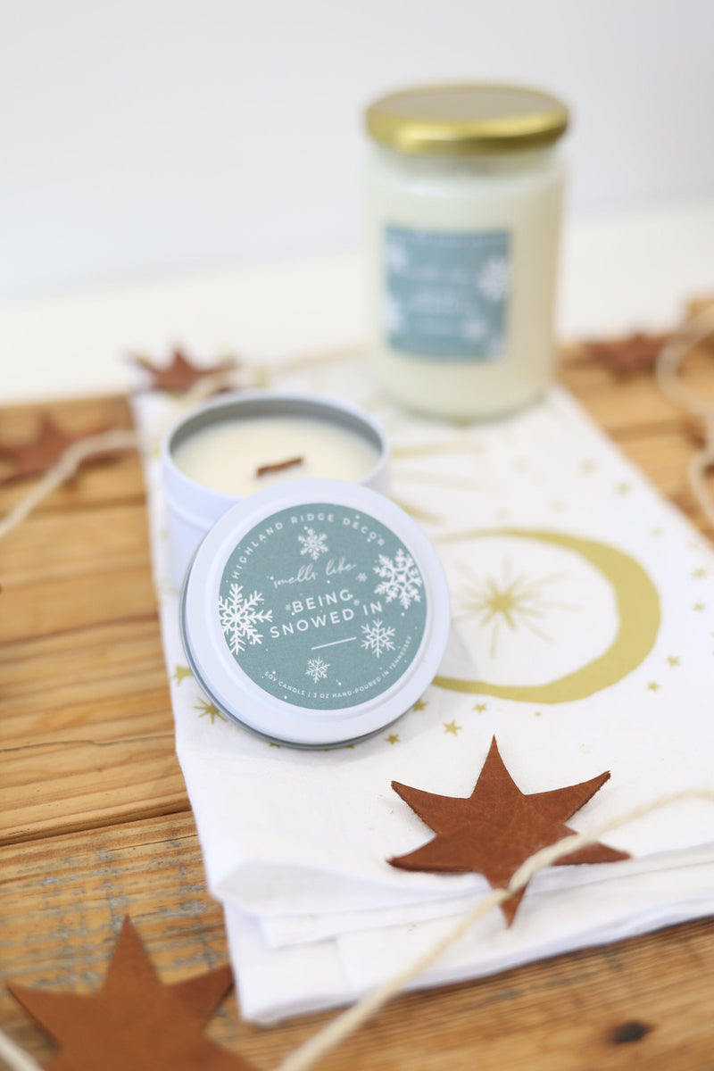 Hand-Poured Soy Candle - Maple Chai "Being Snowed In" Tin | cozy scented candle gift natural handmade wood wick holiday Christmas candle