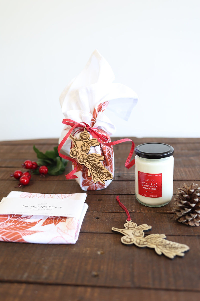 Holiday Gift Set - Christmas Morning | candle tea towel gift bundle for her housewarming Christmas gift natural soy candle